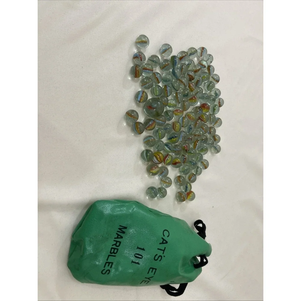 101 CAT'S EYE Marbles In Green Vinyl Drawstring Bag